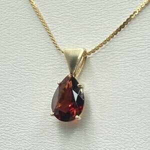 Signed AJF 14K Yellow Gold Red Garnet Pear Pendant Necklace 18in 14KGF Curb